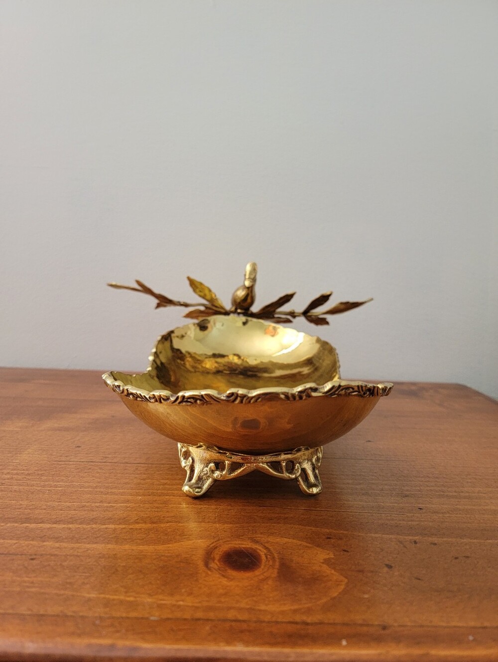 Gold-Tone Metal Catchall Trinket Bowl Tray Bird Perched On Branch Centerpiece - Picture 5 of 16